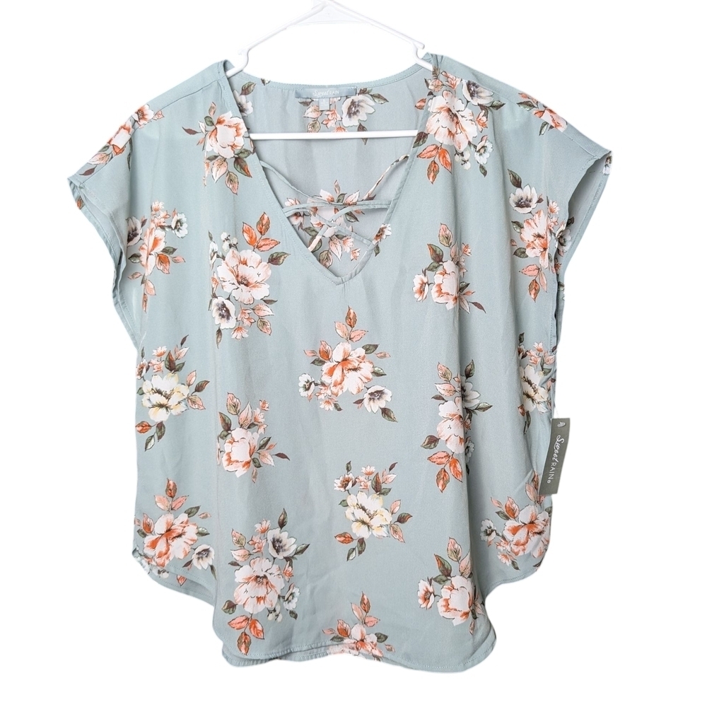 New Sweet Rain Floral Top Mint Green Coral Pink Flowers Flowy Lightweight Size L